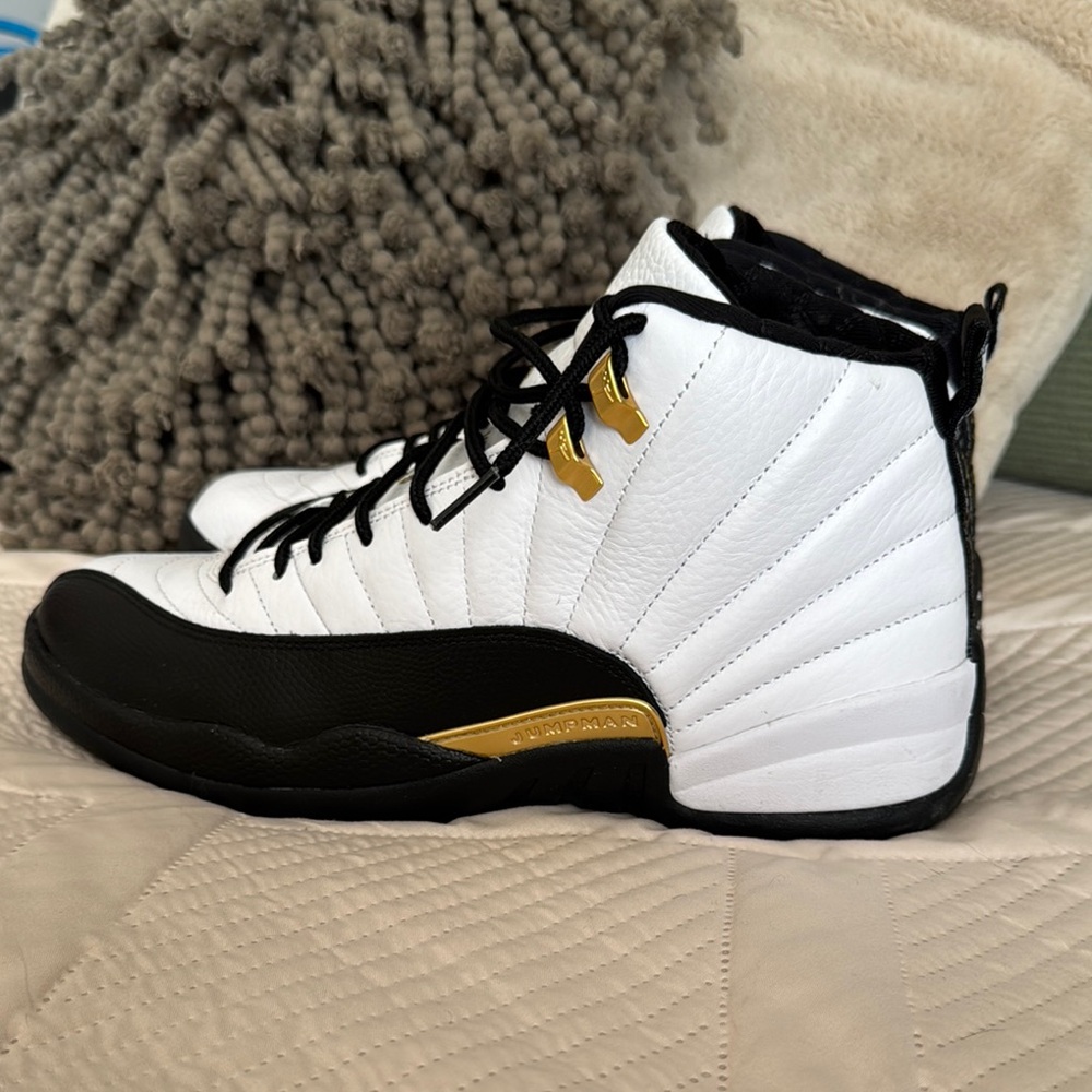 Royalty Jordan 12 White and Black High-Top Sneakers with Gold Accents